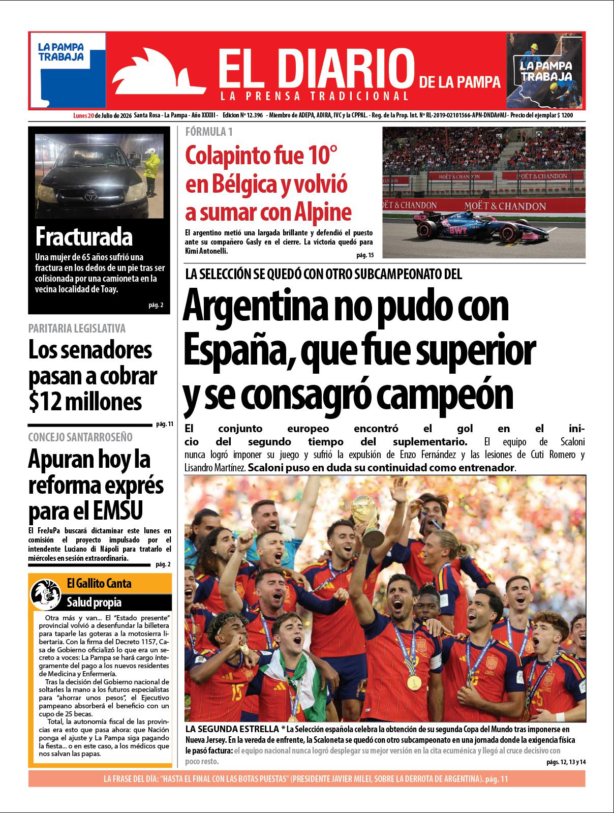Tapa de El Diario en papel  lunes 20 de julio de 2026